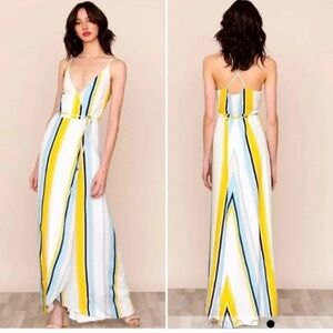 Yumi Kim Striped V-Neck Wrap Full Length Maxi Dress Medium White Spaghetti Strap